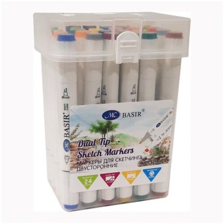 Набор двусторонних маркеров для скетчинга Basir 24 цвета в пластиковом чемоданчике