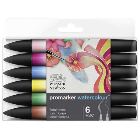 Набор акварельных маркеров-кистей худож двухсторонние Winsor&Newton «Watercolour Promarker», спиртовые, пулевидный/кисть, цв. 6 (цветочные оттенки)