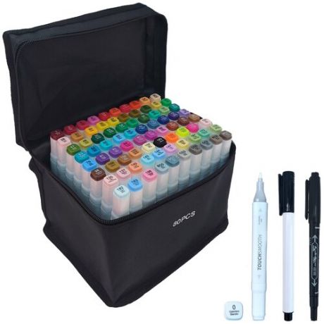 Набор двусторонних маркеров для скетчинга Touch Smooth 80 цветов, блендер, ручка-линер, двусторонний черный маркер (в сумке с подставкой)