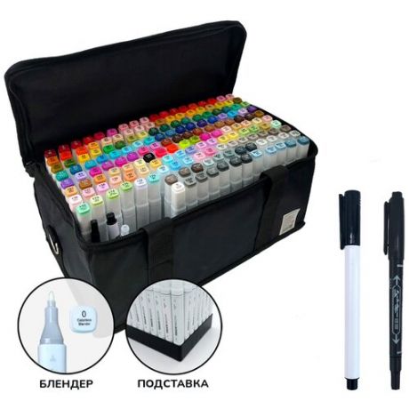 Набор двусторонних маркеров для скетчинга Touch Smooth 168 цветов с блендером, линер, черный маркер (в сумке с подставкой)