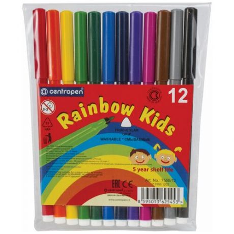 Фломастеры 12 цветов CENTROPEN "Rainbow Kids", круглые, смываемые, вентилируемый колпачок, 7550/12ET, 7 7550 1202