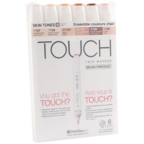 Набор двухсторонних маркеров на спиртовой основе TOUCH TWIN brush 6 штук (телесные цвета В) в пластиковой упаковке