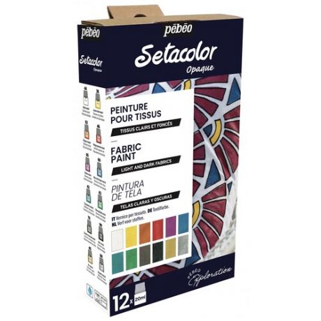 Набор красок по ткани Pebeo Setacolor Shimmer, "Исследование", для темных и светлых тканей, 12 цветов, 20 мл, мерцающие