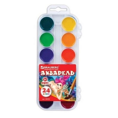 Краски акварельные BRAUBERG "магия цвета", 24 цвета, медовые, круглые кюветы, пластиковый пенал, 190554