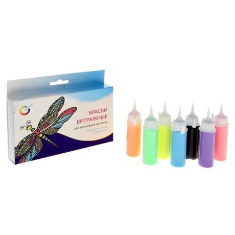 Краска по стеклу витражная Аппликация, набор 7 цветов по 20 мл Экспоприбор Fluo, с блестками 10610 .