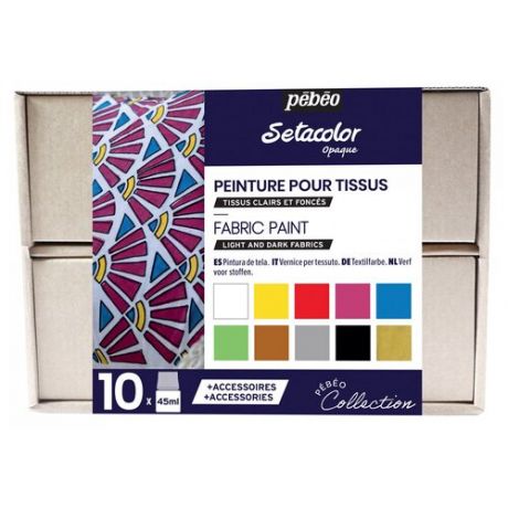 Набор красок по ткани Pebeo Setacolor Opaque, "Коллекция", для темных и светлых тканей, с аксессуарами, 10 цветов, 45 мл, №1