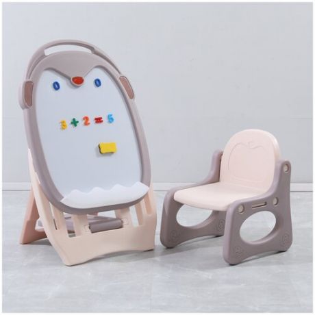 Развивающий детский мольберт Unix line со стульчиком из пластика с цифрами-магнитами, маркерами и губкой для стирания в комплекте, розовый