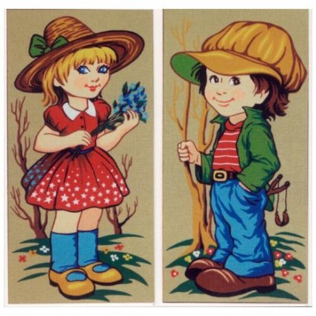 Канва жесткая с рисунком Девочка с голубыми цветами и мальчик