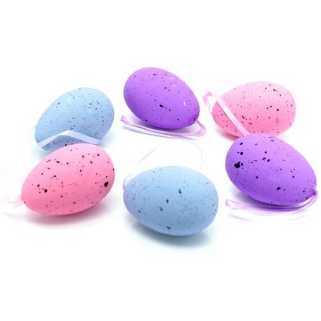 Пасхальные яйца декоративные на подвеске, 5х7 см, набор 6 шт. Цвет: Голубой, Розовый, Сиреневый