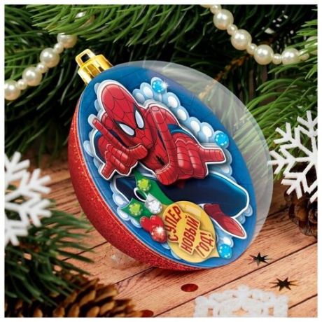 Новогодний ёлочный шар "С Новым годом" Человек-паук с 3D аппликацией 2108295 .