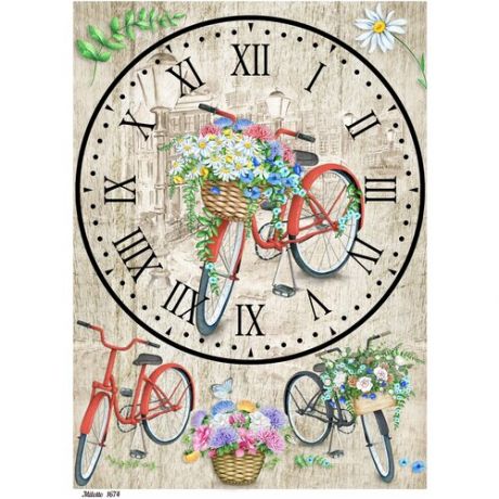 Рисовая бумага для декупажа А4 ультратонкая салфетка 1674 цветы циферблат основа для часов велосипед винтаж крафт Milotto