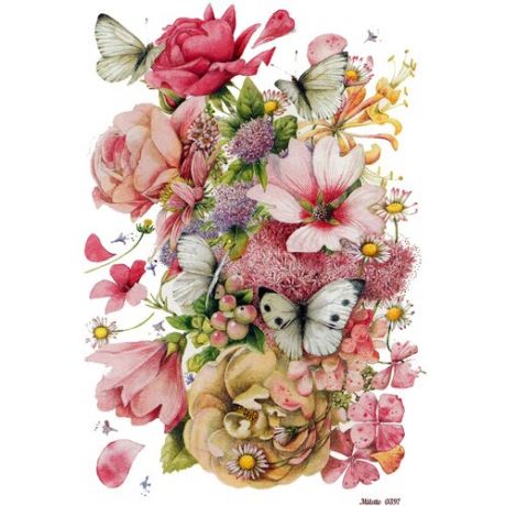 Рисовая бумага для декупажа карта салфетка А4 тонкая 0397 цветы букет бабочки винтаж крафт Milotto