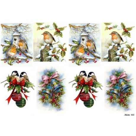 Рисовая бумага для декупажа А4 ультратонкая салфетка 1615 Новый Год птицы ёлочные шары колокольчики зима винтаж крафт Milotto
