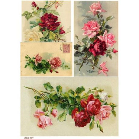 Рисовая бумага для декупажа А4 ультратонкая салфетка 0614 розы цветы винтаж крафт Milotto