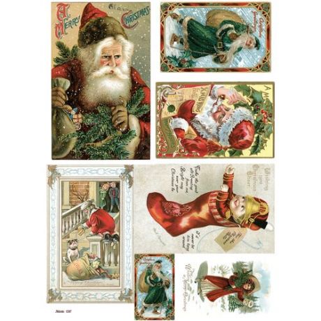 Рисовая бумага для декупажа А4 ультратонкая салфетка 1287 открытка Новый Год Рождество Дед Мороз Санта винтаж крафт Milotto