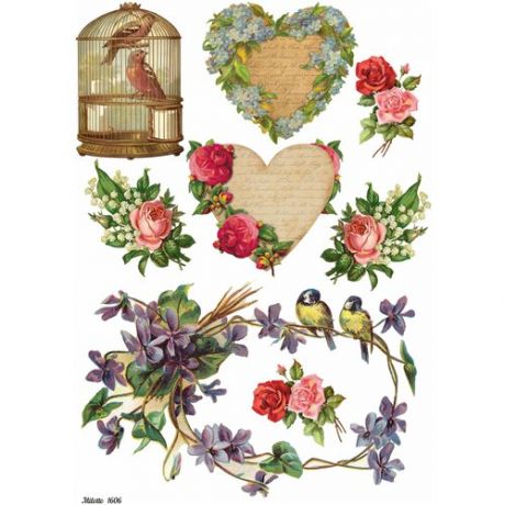 Рисовая бумага для декупажа А4 ультратонкая салфетка 1606 сердце валентинка любовь цветы винтаж крафт Milotto
