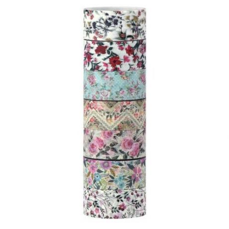 Клейкие WASHI-ленты для декора "цветочный микс", 15 мм х 3 м, 7 цветов, рисовая бумага, остров сокровищ, 661707