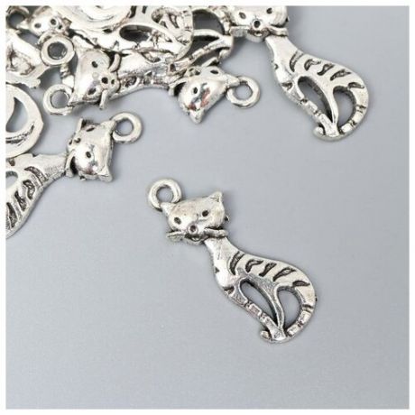 Декор для творчества металл "Полосатая кошка" серебро 2.5х0.9 см набор 20 шт