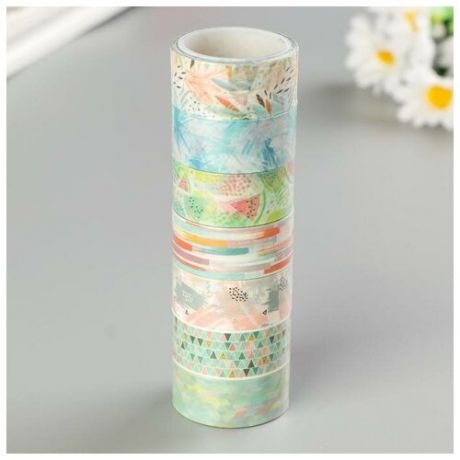 Клейкие WASHI-ленты для декора "Микс №1", 15 мм х 3 м (набор 7 шт) рисовая бумага