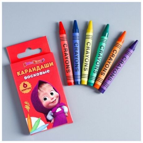 Восковые карандаши Маша и медведь, набор 6 цветов, высота 1 шт - 8 см, диаметр 0.8 см