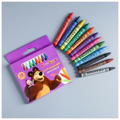 Восковые карандаши Маша и медведь, набор 12 цветов, высота 1 шт - 8 см, диаметр 0.8 см