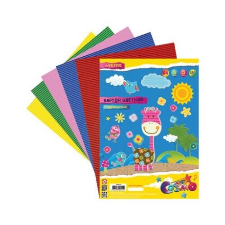 Картон цветной гофрированный, А4, 5 листов x 5 цветов, 180 г/м2, в пластиковом пакете с европодвесом