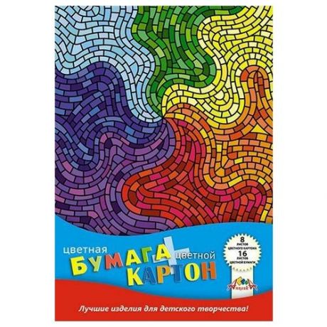 Набор для детского творчества "Цветная мозаика", А4, картон цветной 8 листов + бумага цветная 16 листов