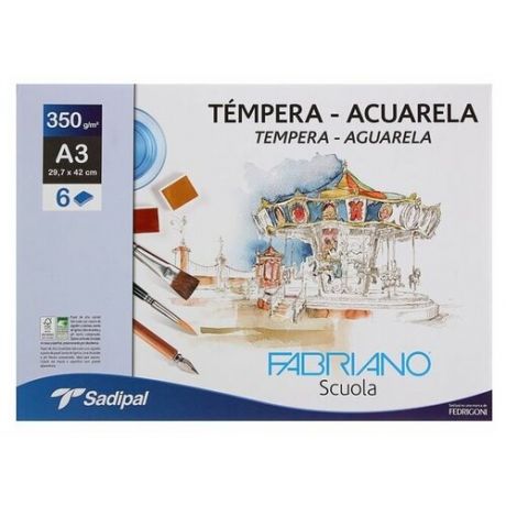 Бумага для акварели в папке А4+ Fabriano Tempera-Aguarela, 297 х 420 мм, 6 листов, 350 г/м²