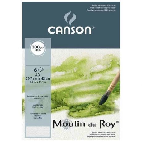Папка с бумагой для акварели Canson Moulin du Roy 300г/кв. м, 29.7*42см,100% хлопок, Фин, 6 листов