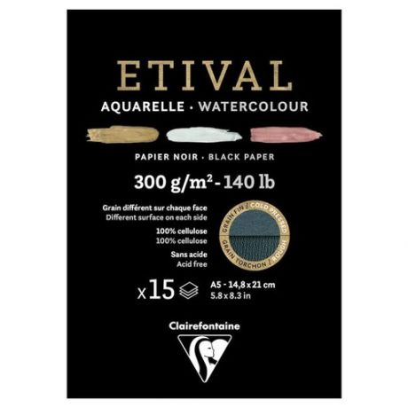 Альбом для акварели 15л А5, на склейке Clairefontaine "Etival", 300г/м2, торшон, холод. пресс черный