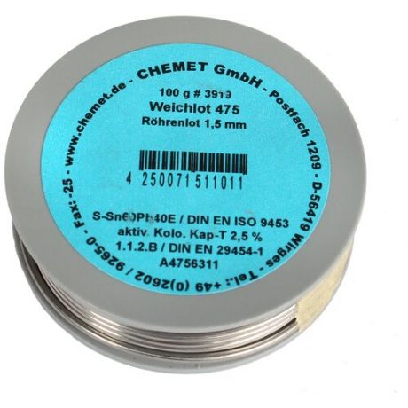 Припой Chemet мягкий 475 с флюсом Kap-T диаметр 1,5мм на катушках по 100г
