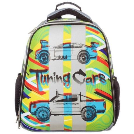 №1 School Ранец Basic Tuning Cars, серый/зеленый
