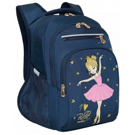 Школьный рюкзак с ортопедической спинкой GRIZZLY Балерина RG-261-3 темно-синий, грудная стяжка