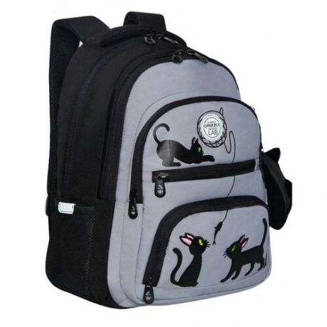 Школьный рюкзак с ортопедической спинкой GRIZZLY RG-262-2 черный - серый, грудная стяжка, 2 отделения, 39x30x20см