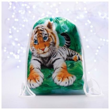 Мешок-рюкзак новогодний, 21 × 29 см, отдел на шнурке, цвет зелёный, «Тигрёнок в тропиках