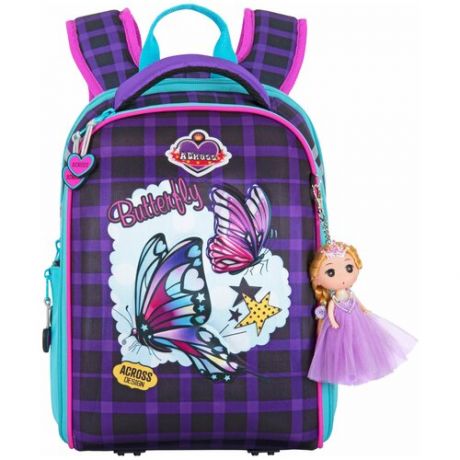 Рюкзак каркасный 39 x 29 x 17 см, наполнение: мешок,пенал,брелок, "Бабочки", фиолетовый/розовый/чёрный/белый