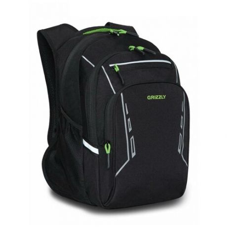 Школьный рюкзак с ортопедической спинкой GRIZZLY RB-250-4 черный - салатовый, грудная стяжка