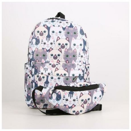 Рюкзак, отдел на молнии, наружный карман, 2 боковых кармана, поясная сумка, цвет бежевый, «Коты»