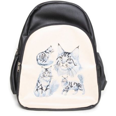 Рюкзак, ранец кожаный с вышивкой кот Мейн-кун (черно-белый) школьный, городской, дошкольный, детский, спортивный, большой