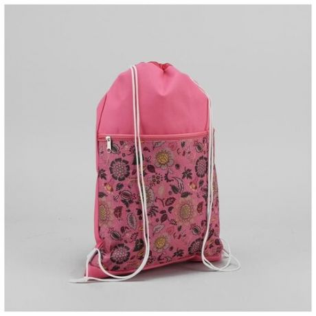 Сумка-мешок для обуви зфтс "Цветы", наружный карман на молнии, цвет розовый