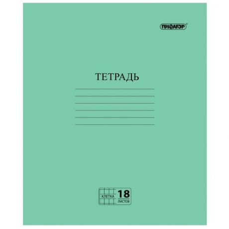 Тетрадь зелёная обложка 18 л., клетка с полями, офсет №2 эконом, "пифагор", 104986