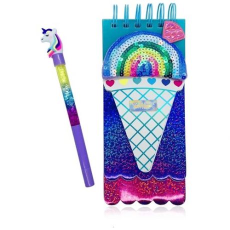 Блокнот "Мороженное" с паетками и ручка "Единорожка", цвет фиолетовый