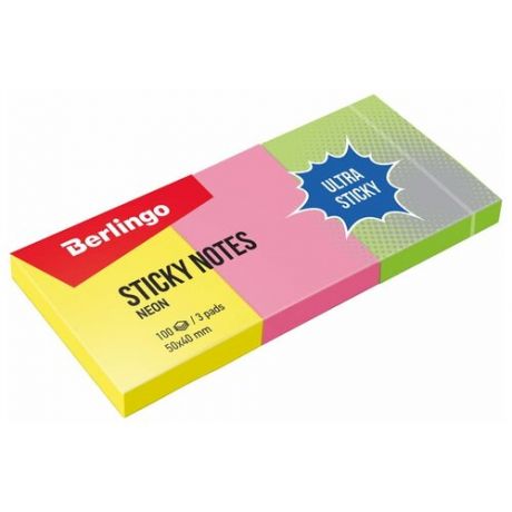 Berlingo Самоклеящийся блок Ultra Sticky, 5 х 4 см, 3 блока по 100 л (LSn_39003) розовый/зеленый/желтый