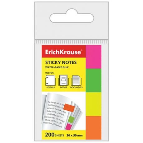 Закладки бумажные с клеевым краем ErichKrause Neon, 20 х 50 мм, 200 листов
