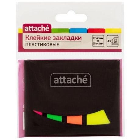 Клейкие закладки Attache пластиковые 4 цвета по 25 листов 12х45 мм в плотной обложке, 874308