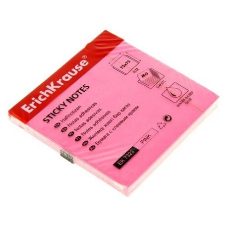 Блок бумаги с липким краем Neon, 75 х 75 мм, 80 листов, розовый