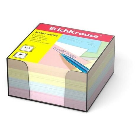 Блок бумаги для записей Erich Krause, 9x9x5 см, в пластиковом боксе, цветной, 80 г/м2