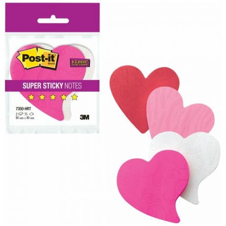 Блоки самоклеящиеся (стикеры) Post-it Super Sticky, комплект 2 шт, "Сердце", 75 л, розовые/белые (7350-HRT)
