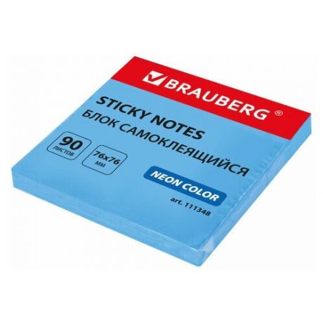 Блок самоклеящийся (стикеры) BRAUBERG неоновый 76х76 мм, 90 листов, голубой, 111348