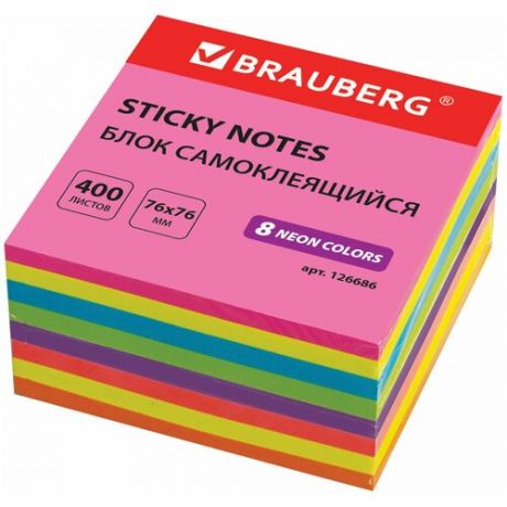 BRAUBERG блок самоклеящийся Неоновый, 76х76 мм, 400 листов (126686) разноцветный